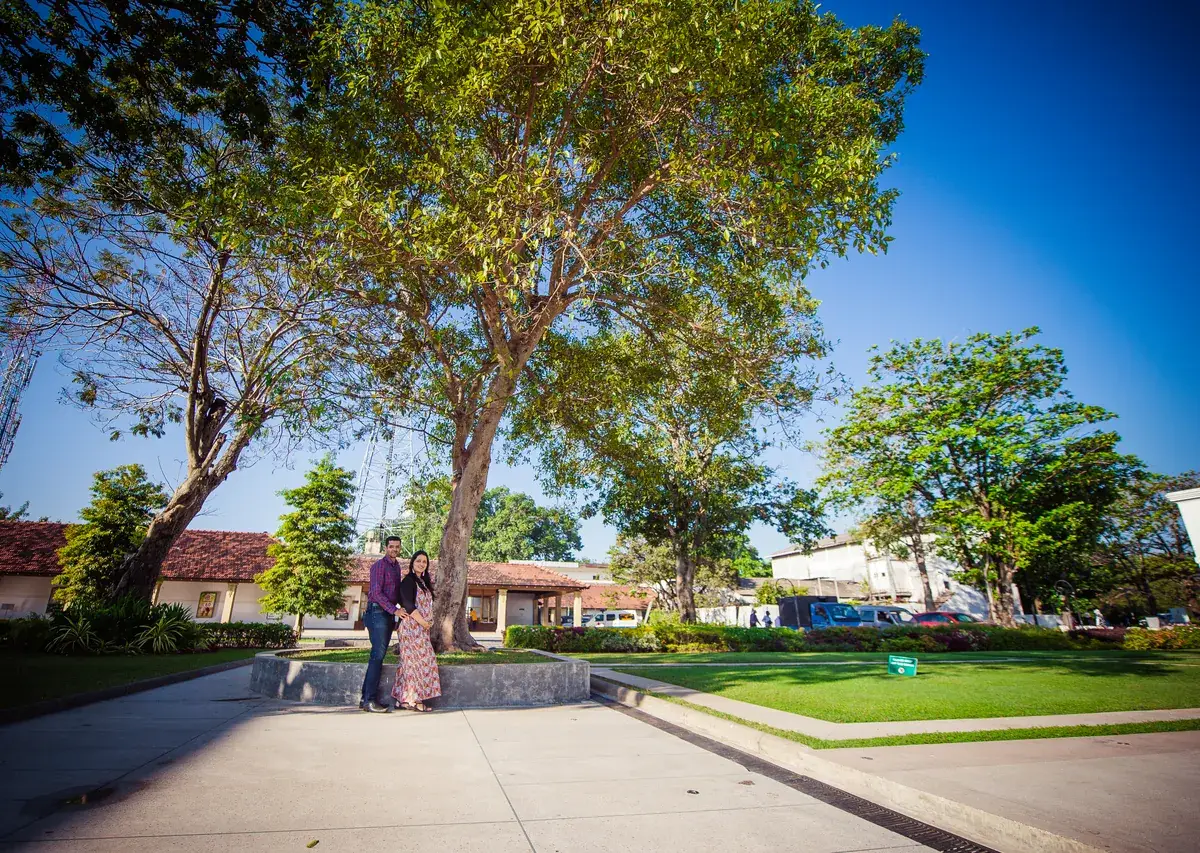 Maternity couple photographed in a spacious garden setting