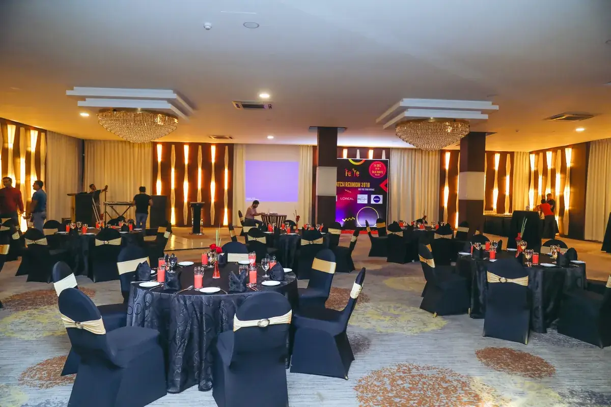 Indoor event room prepared before guests arrive