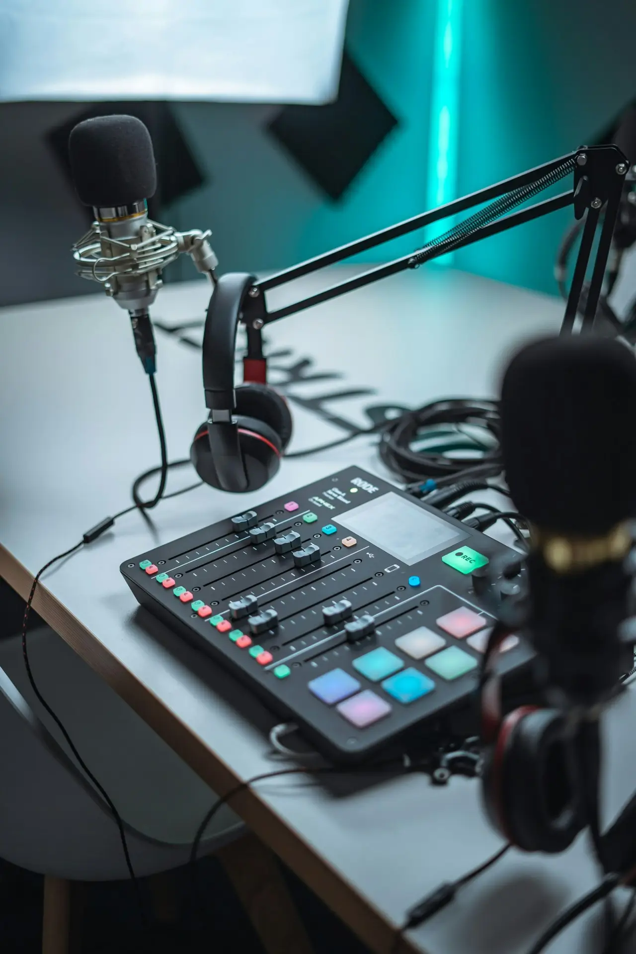 Podcast microphone, headphones and audio mixer arranged on a studio desk